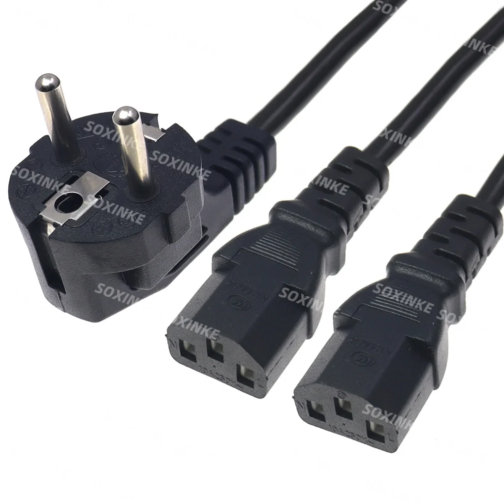 European EU 2 Prong Male Plug to Dual IEC C13 Female Power Extension Cord Y Type Splitter Adapter Cable 150cm