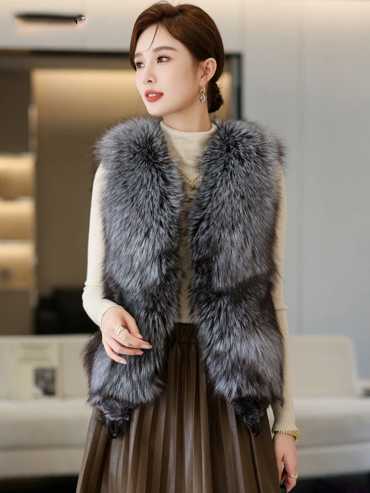 

Women 100% Genuine Real Fox Fur Vest Natural Soft Fox Fur Sleeveless Jacket Lady Luxury Quality Warm Real Fox Fur Gilet Hot Sale