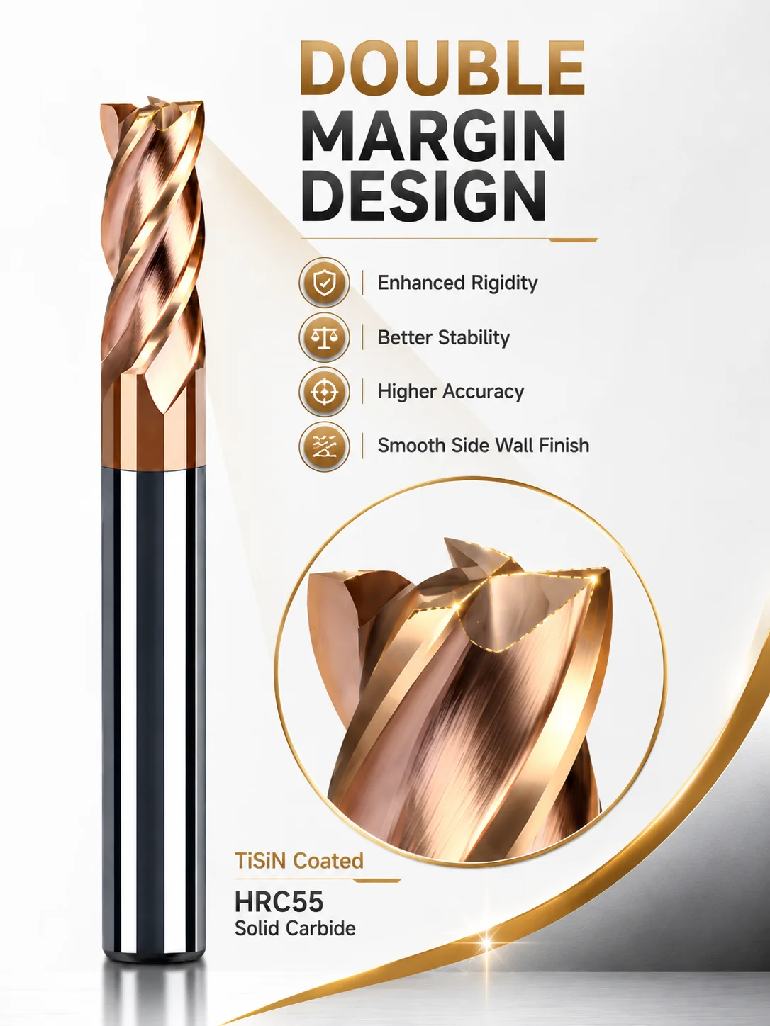 HRC55 Vollhartmetall-Schaftfräser TiSiN-beschichtete Schaftfräser 4-schneidiger CNC-Fräser 35 ° Helix-Doppelmarge für CNC-Schneidwerkzeuge aus Stahl – Detail 4