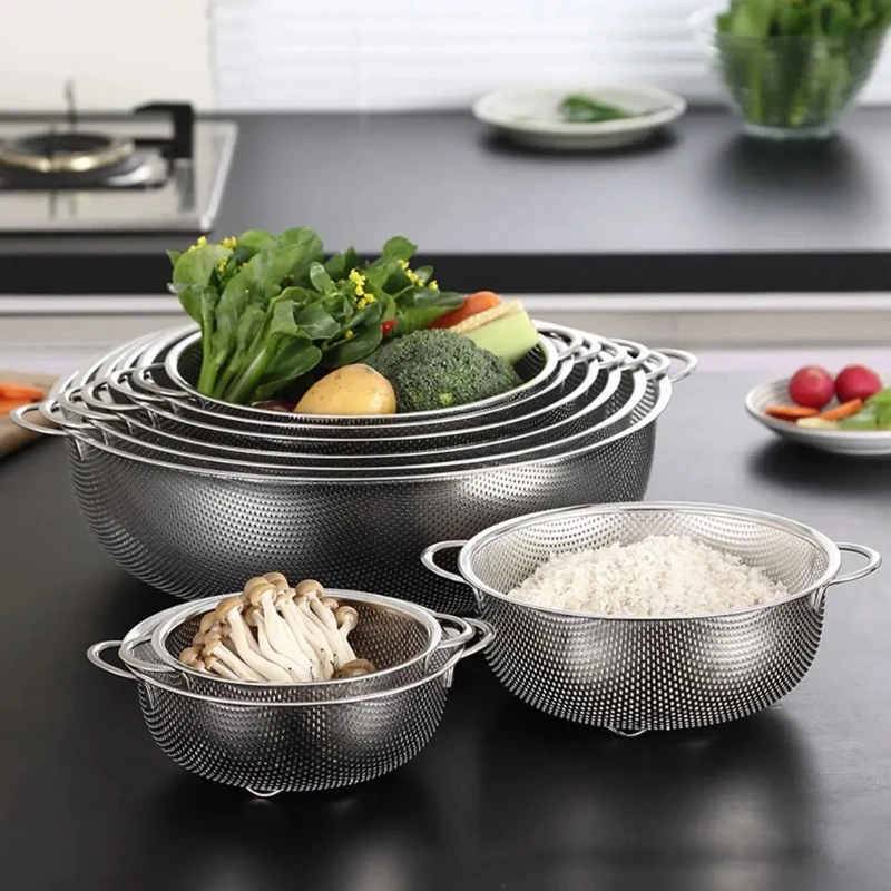 Stainless Steel Draining Basket with Dense Holes, Double-ear Multi-purpose Basket for Washing Vegetables and A Leaky Basin