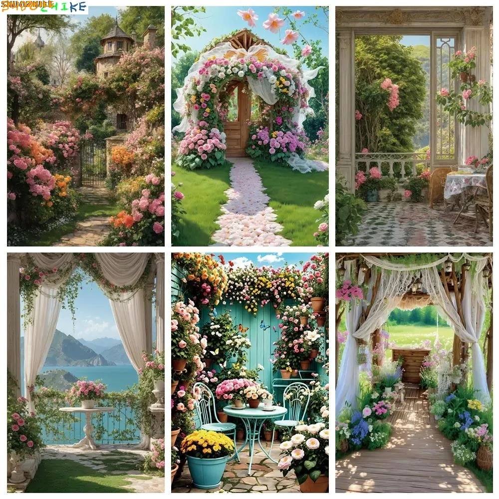 

Spring Floral Flower Garden Photography Backdrop Curtain Brick Road Women Portrait Photozone Background Home Decoration