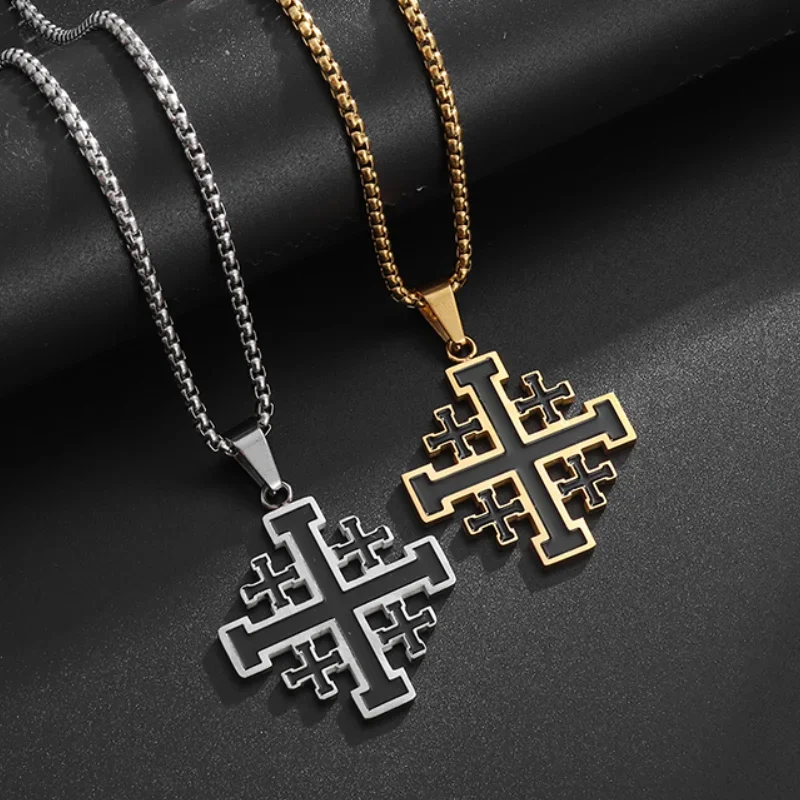 Collar con colgante de cruz templaria cruzada de Jerusalén de acero inoxidable para hombres y mujeres, joyería con dijes de moda