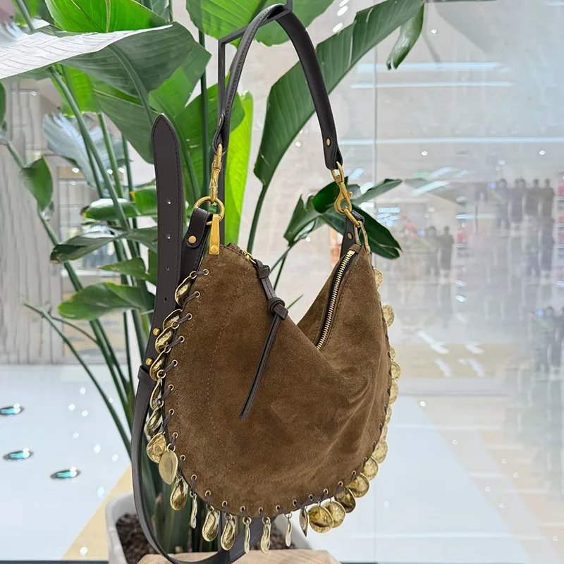 Luxury Casual Single Shoulder Armpit Sling Bag Open Stylish New Vintage Metallic Flow Decor Deerskin Suede Scrub Tote
