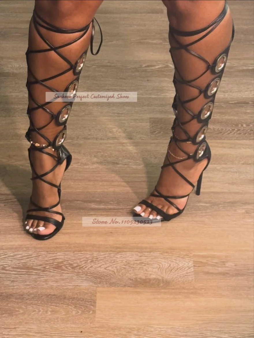 Black Stiletto Gladiator Sandal Boots Big Ring Circle Buckles Knee High Summer Cool Boots Thin Strappy Lace-Up Long Sandals