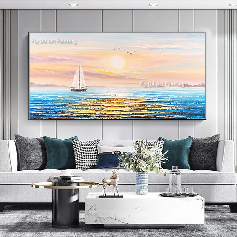 Special Seascape Wall Art Blue Ocean Yellow Sunset Canvas Oil Painting Modern Ocean Sunrise View Orange Blue Wall Art Decor