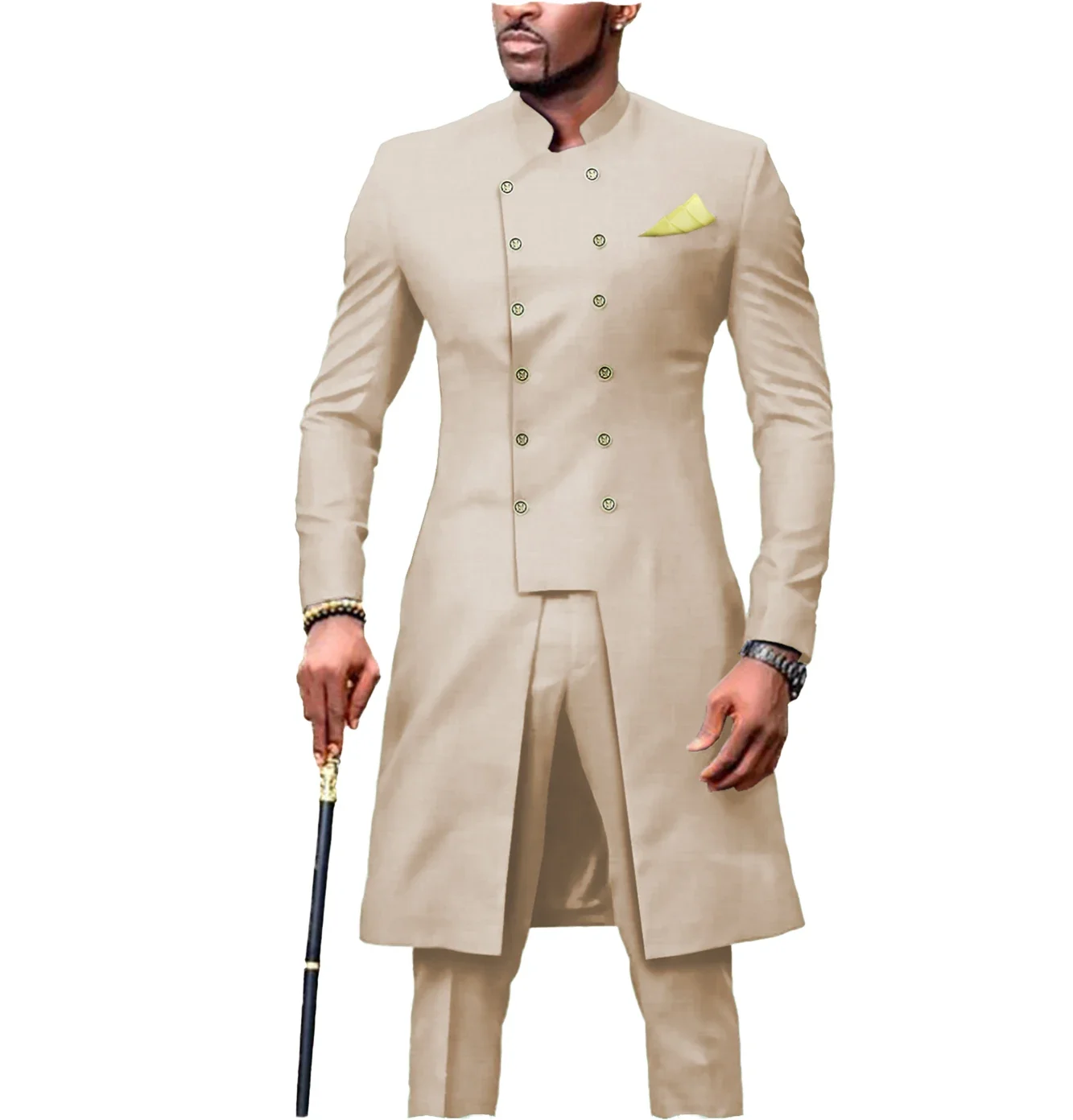 African Men Suits with Stand Collar Vintage Wedding Groom Tuxedo Slim Fit Male Long Jacket (Blazer+Pants) Custom Made