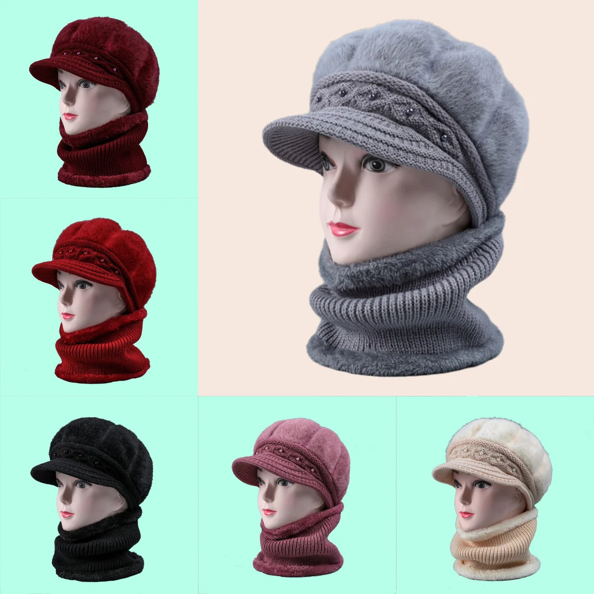 Winter Sjaal Hoed Set Effen Kleur Lange Pluche Verdikte Warme Muts Mode Casual Winddicht Skull Cap Accessoires