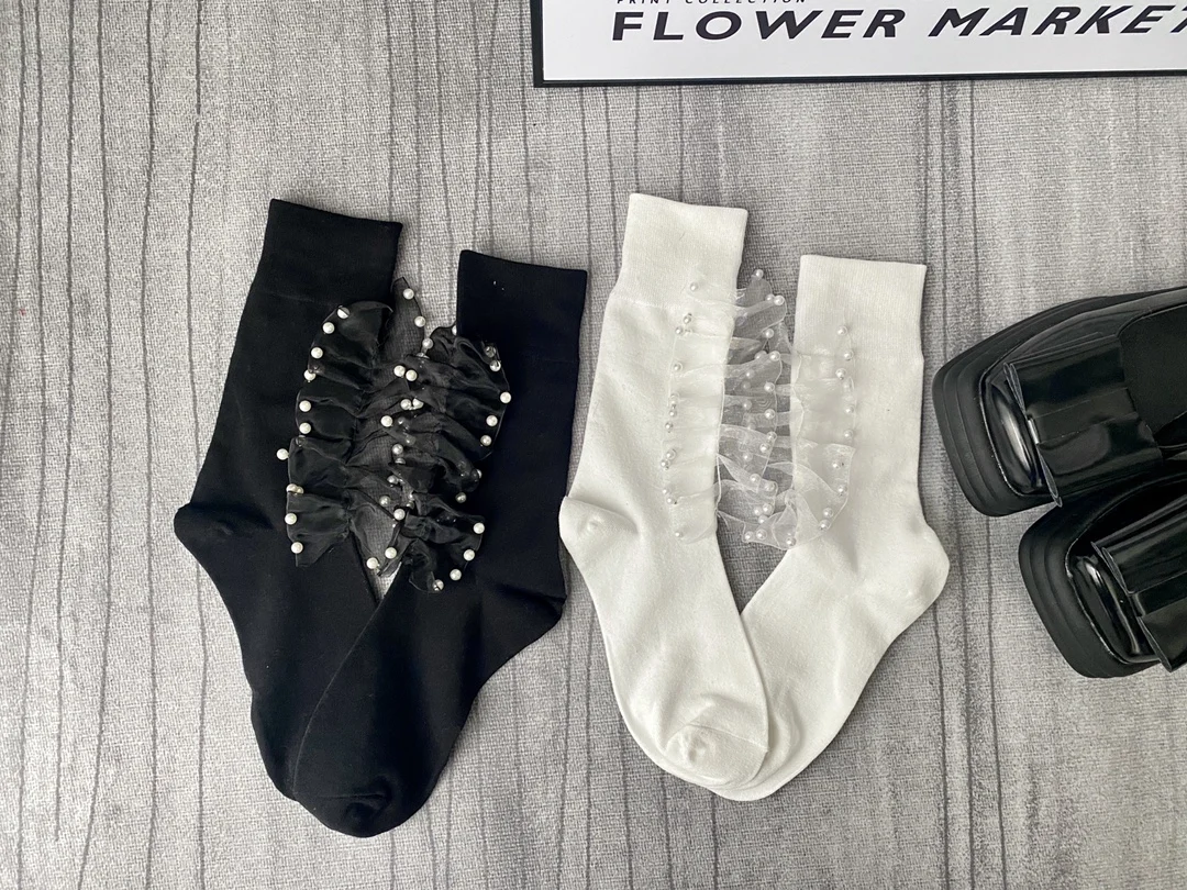 Black & white beaded fairy lace Women socks