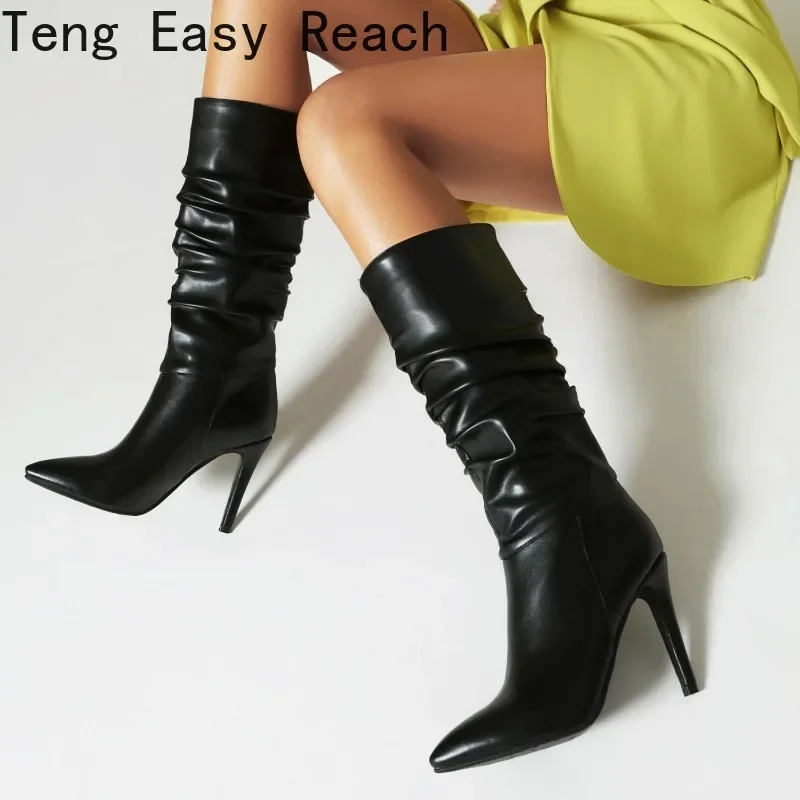 

Sexy Women's Knee-high Boots Fashion Women's Skinny Heel Pointy Toe Pleated Autumn Winter Women's Knee-high Boots Black Brown