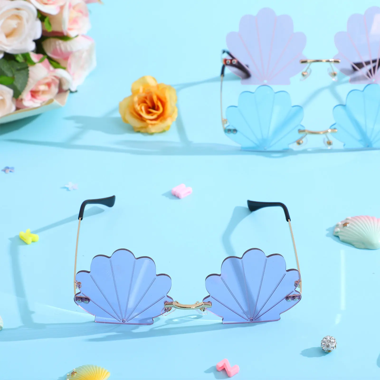 

3Pcs Rimless Seashell Shape Funny Sunglasses Party Glasses Photo Booth Props Novelty Summer Beach Eyewear Creative Lightweight