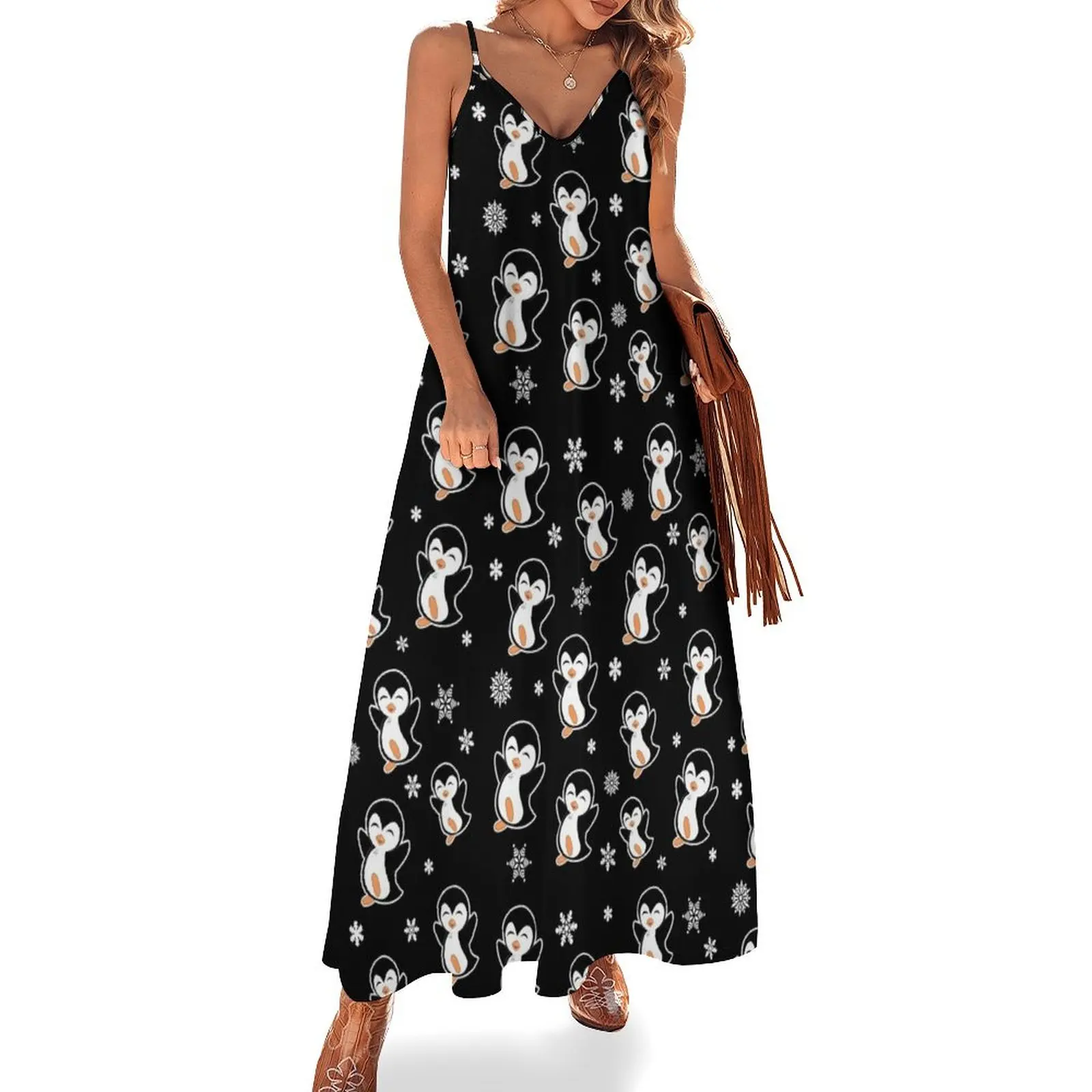 Cute Penguins And Snowflakes Sleeveless Long Dress dress Women's long dress cocktail dresses