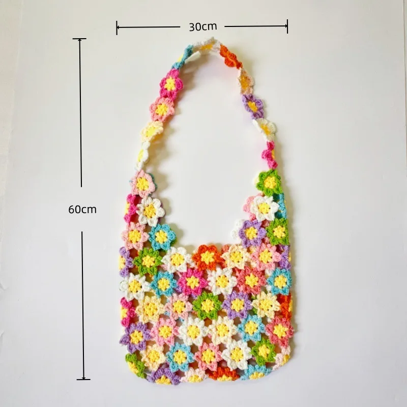 Handgefertigte Häkel-Regenbogenblumen-Patchwork-Tasche mit Lochmuster, Gestrickte Schultertasche, Gewebte Handtasche mit Künstlichen Blumen – Detail 1