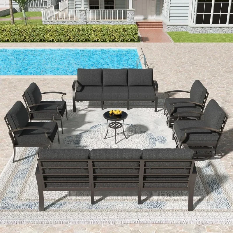 Kullavik Aluminum Patio Furniture Set,7 Pieces 10 Seat Metal Outdoor Furniture Conversation Set w/Swivel Chairs,Deep Black