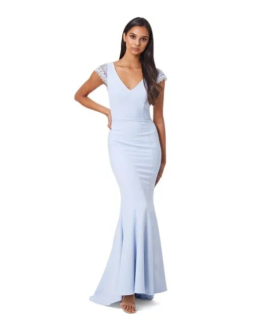 فستان سهرة مخصص عالي الجودة بطول الكاحل ورقبة على شكل حرف v وأكمام قصيرة سويب تراين بدون ظهر وزر أزرق للنساء للحفلات الراقصة