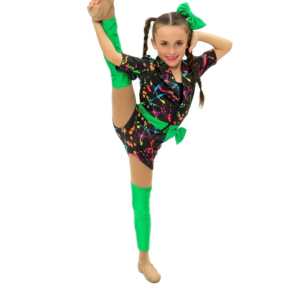 Girls Hip Hop Dance Costume Kids Colorful Jazz Dance Outfit 2 Pieces with Leg Warmer Hair Bow Stage Performance Competition Wear