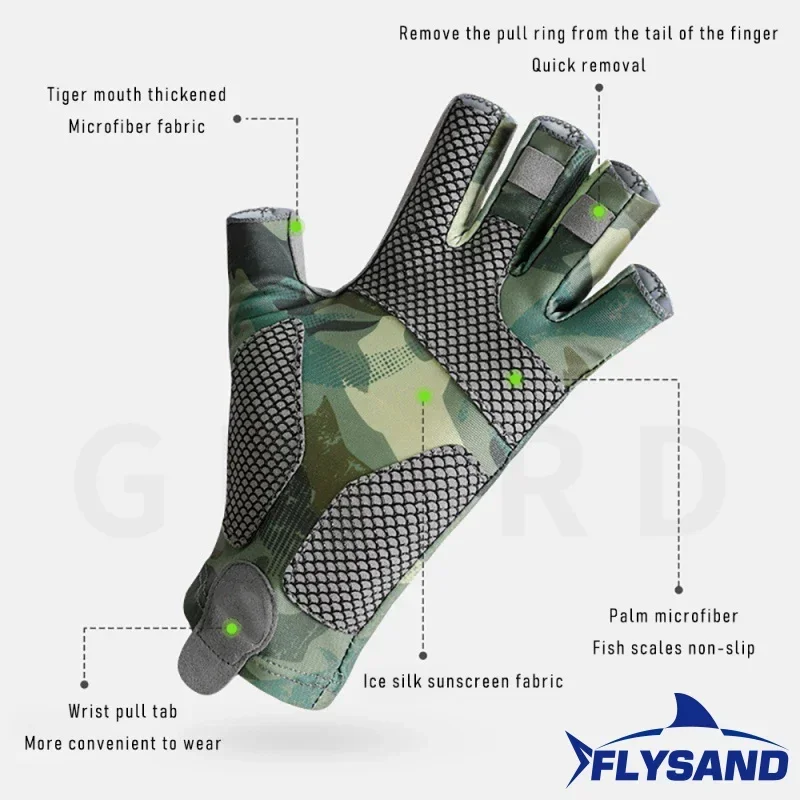 FLYSAND Men's UV Protection Ice Silk Fingerless Fishing Gloves High Elastic Non-slip Wear Resistant for Outdoor Sports L/XL