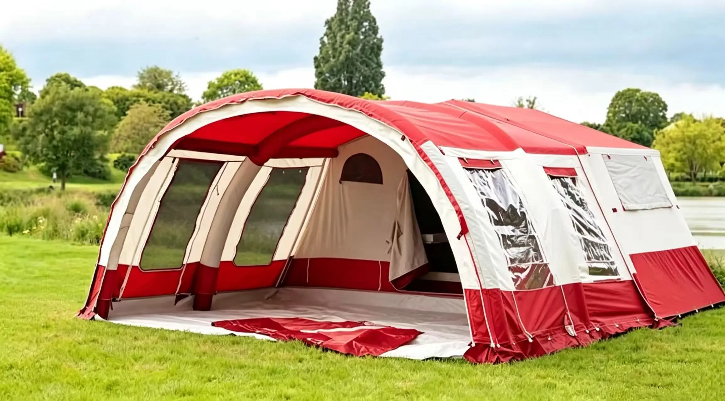 2026 Red and White Inflatable Air Beam Tunnel Tent 8 Person Large Family Camping Tent Waterproof Windproof Outdoor Tentpromote s
