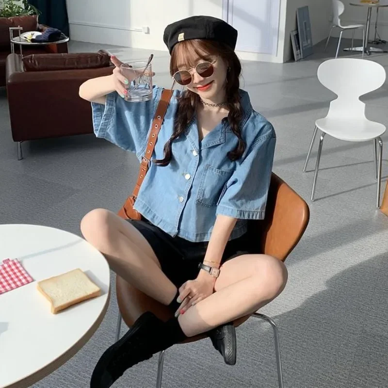 Denim Shirts Women Preppy Style Solid Lovely Fashion Vintage Short Sleeve High Street Retro Basic Femme Popular Student Summer