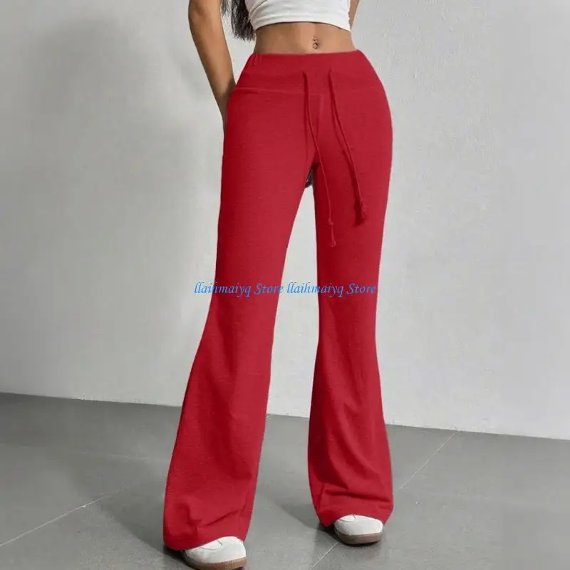 

573B Fashion Women's Flared Leg Pants with Drawstring Closure Breathable Fabric Casual Trousers for Party and Commuting