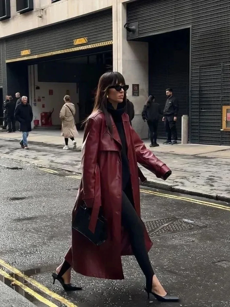 

Ele Queen Red Long Coat Jaet with Tuxedo Collar Faion ow Cool Sle High End Feeling Loose Fit All Match Sle