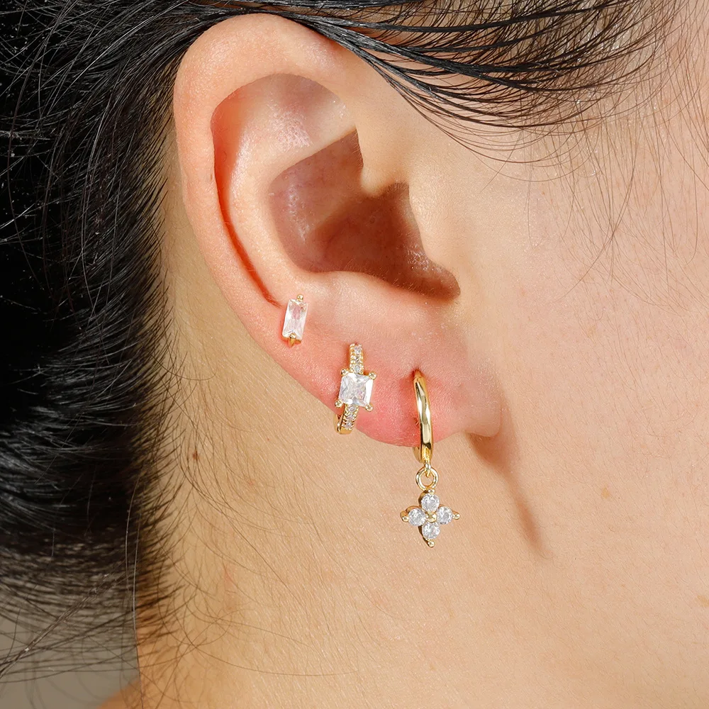 3PCS Fashion Stainless Steel Geometric Square Hoop Earring Set For Women Sparkling Colorful Zircon Earring Piercing Jewelry Gift