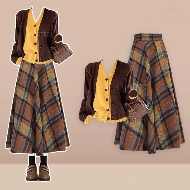 Women's Spring Autumn New Fashion Vintage Knit Sweater+High Waisted Plaid Skirt Two-piece Suit Korean Elegant Dress Matching Set
