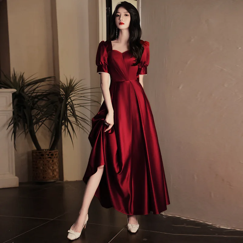 

Square Collar Chinese Bridal Wedding Qipao Female Celebrity Banquet Cheongsams Pleated Dresses Pearl Burgundy Robe De Soiree