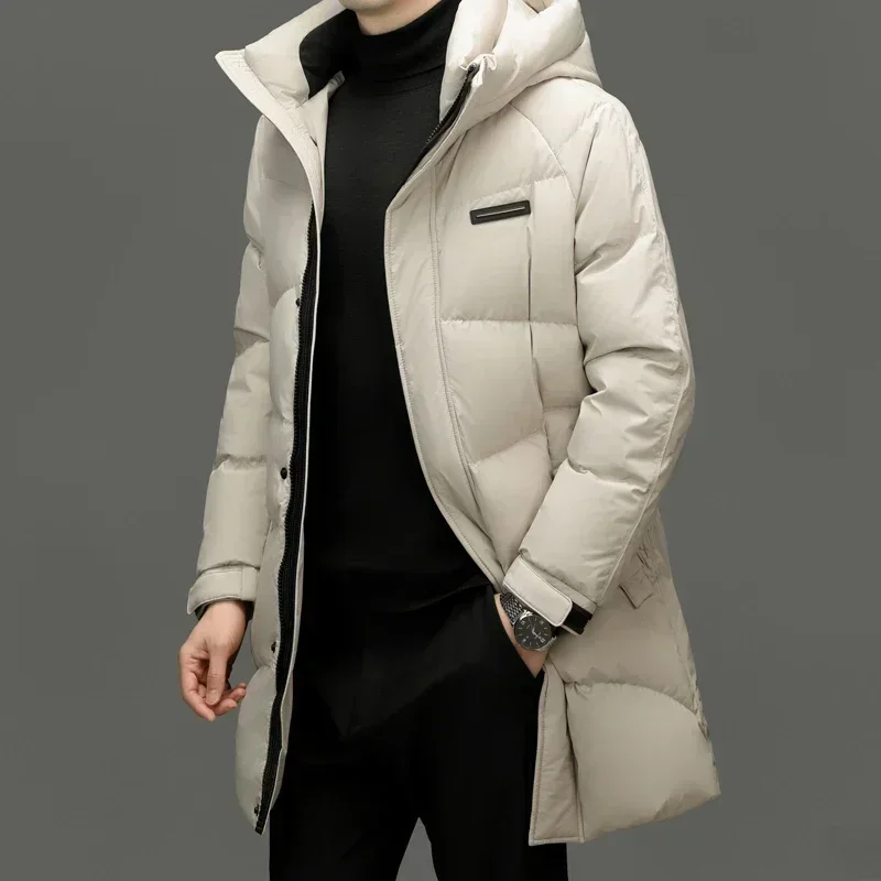 Chaqueta de plumón con capucha para hombre, abrigo de plumón de pato de longitud media, blanco y negro, ropa gruesa de otoño e invierno, novedad de 2024