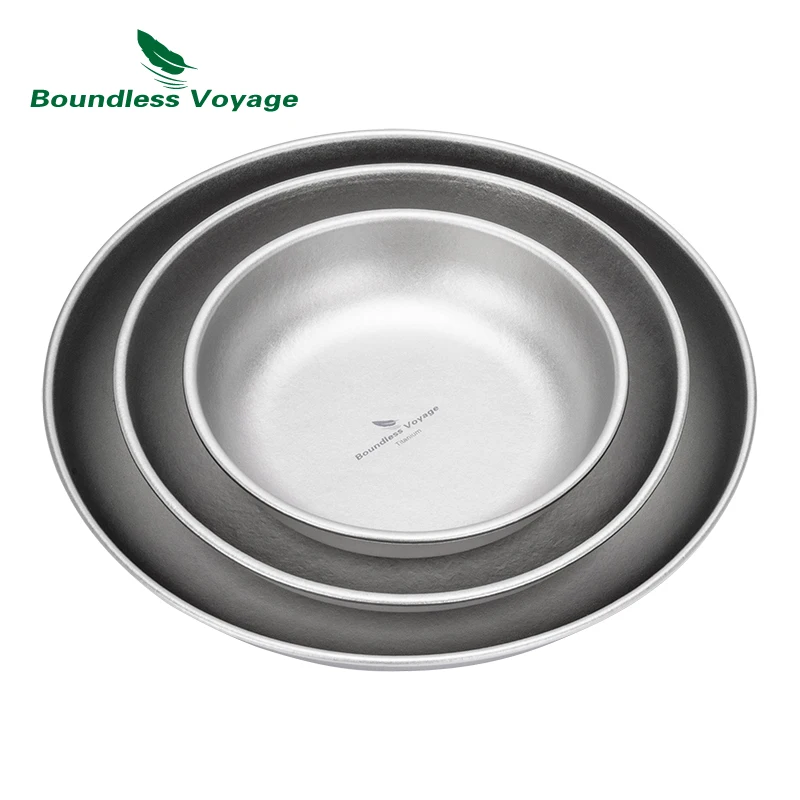 Boundless Voyage 3pcs Ultralight Titanium Plate Camping Bowl Dish with Mesh Bag Outdoor Camping Tableware Cookware Mess Kit