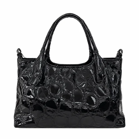 Bag Women Genuine Leather Shoulder Tote Bag Embossed Crocodile Texture Glossy Black Office Work Handbag