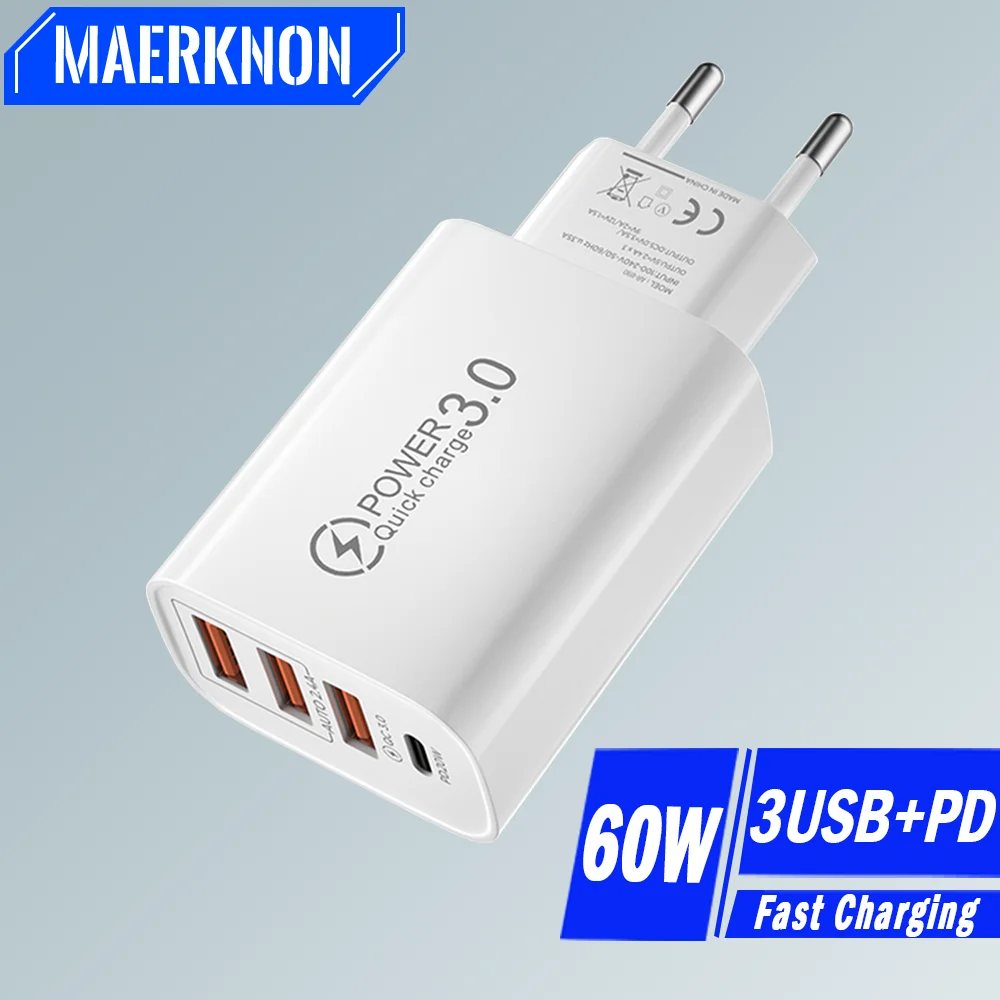 60W USB Charger 4 Port PD USB C Fast Charging Mobile Phone Adapter for IPhone Samsung Xiaomi Redmi Quick Charge 3.0 Wall Charger