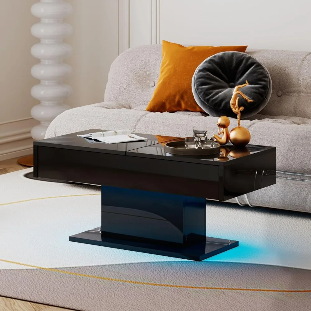 Black LED Coffee Table with Storage for Living Room, Living Room Table Rectangular Center Table, Modern High Glossy Wooden Coffe