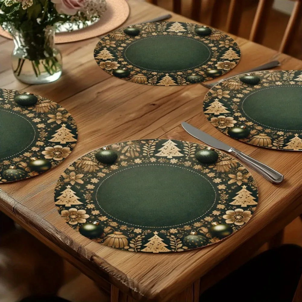 VIKAMA Christmas Placemat Set of Four Gold Bead Pattern Round Holiday Placemats Perfect for Christmas Table Decorations