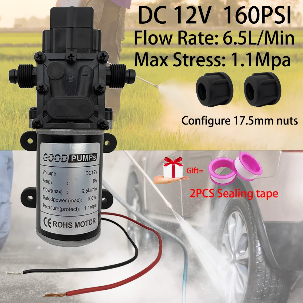 DC12V 160PSI 100W 6.5L/Min High Pressure Diaphragm Pump Mini Electric Self-priming Pump Water Washing Machine Pesticide Spraying