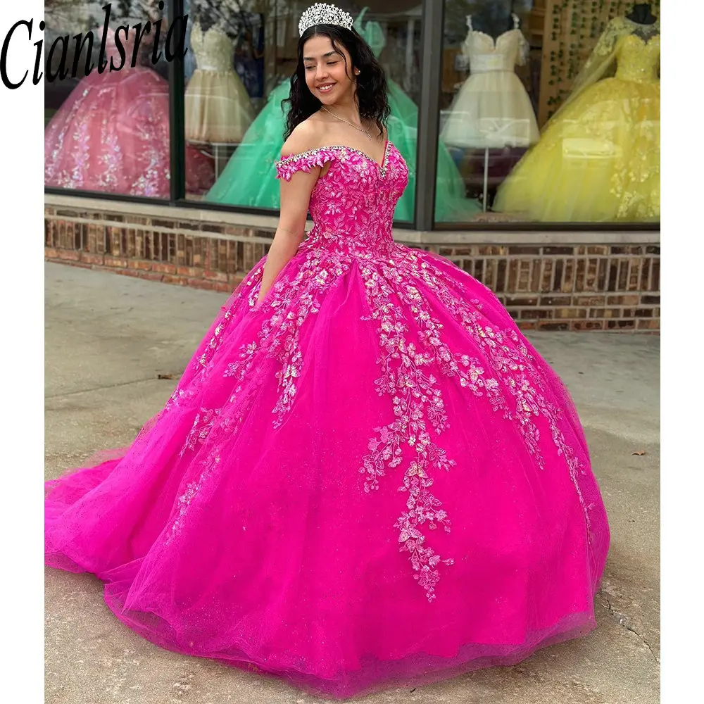 Vestido De baile fucsia con cuentas De cristal y hombros descubiertos, quinceañera, apliques De lentejuelas, corsé De encaje, 15 Años