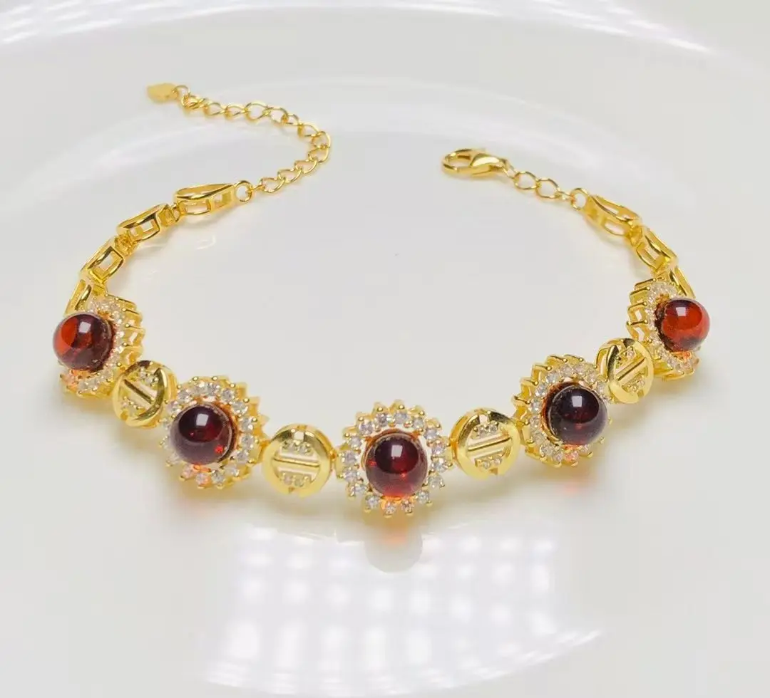

Certificated Natural Blood Amber 6-7mm Bead Tennis Chain Bracelet for Women Genuine Red Gem Strand Lace Bangle High Fine Jewelry