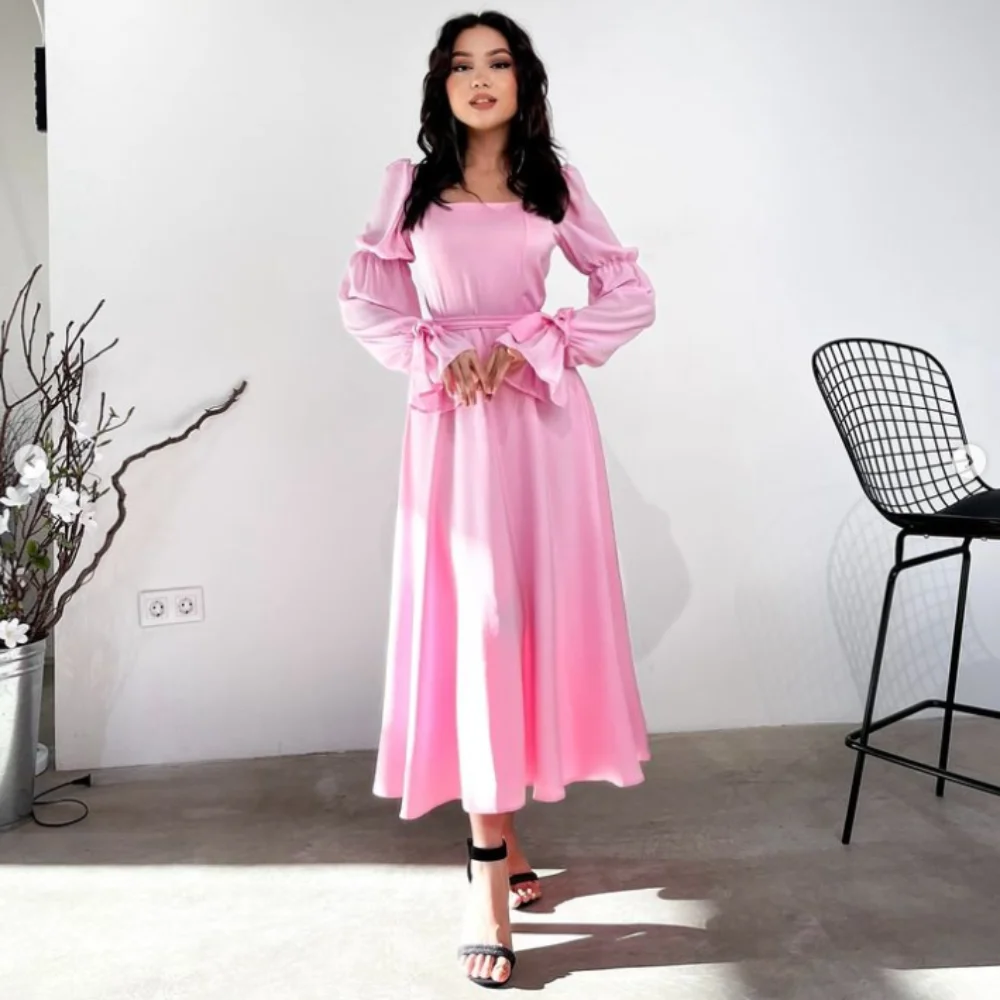 Customized Square Neck Draped Tea-Length Prom Gowns  A-line Satin Evening Dresses Pink Party Dresses فساتين للمناسبات الخاصة