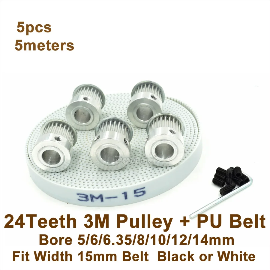 POWGE 5pcs 24 Teeth 3M Timing Pulley Bore 5-14mm + 5meters W=15mm HTD 3M PU Synchronous Belt 24T 24Teeth HTD3M Pulley