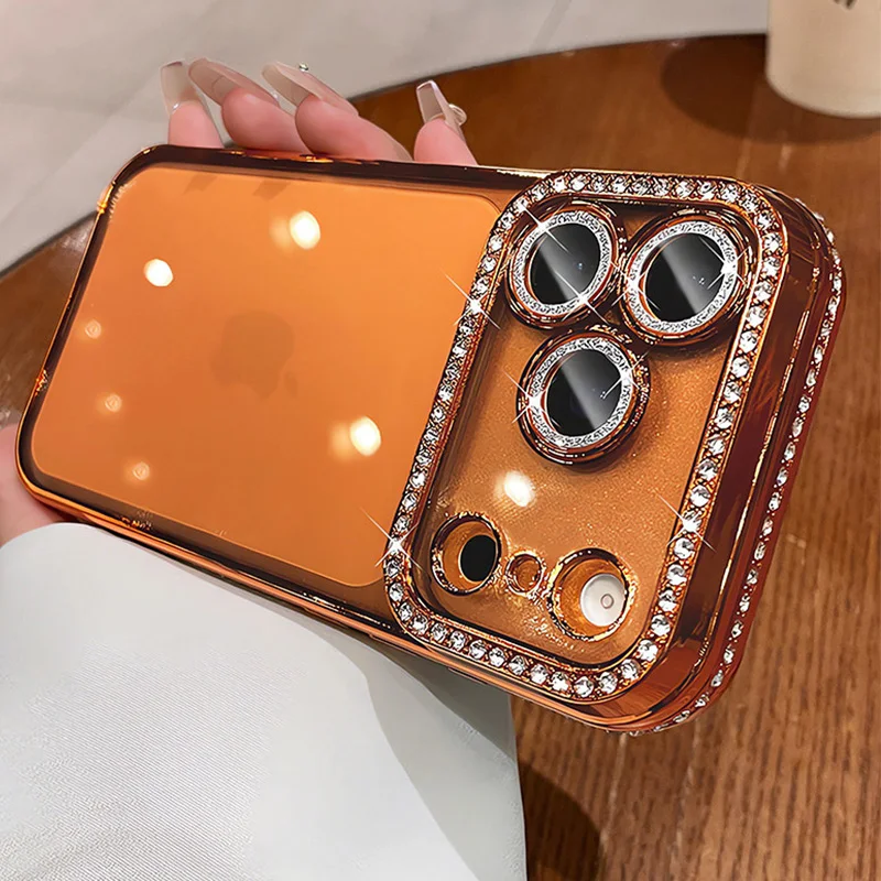 Luxuriöse Bling-Kristall-Linsenschutzfolie Handyhülle für iPhone 11 12 13 14 15 16 17 18 Pro Max Plus Air Stoßfeste Silikon-Bumper-Hülle – Detail 10