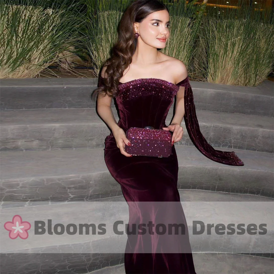 Blooms Customized Beaded Velvet Evening Dresses Off Shoulder Elegant Women Formal Occasion Party Dress For Prom Zipper