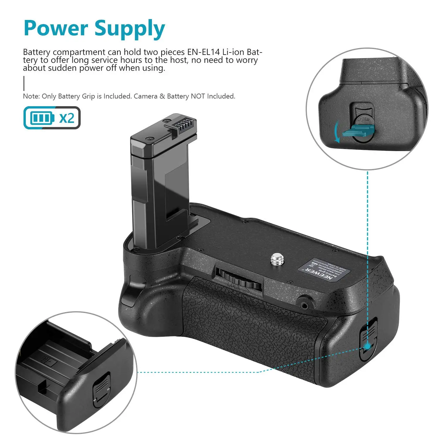 Neewer Professioneller vertikaler Batteriegriff als Ersatz für Nikon D3100/D3200/D3300/D5300 SLR-Digitalkamera EN-EL14-Batterien – Detail 3