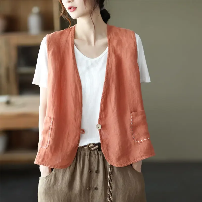 

Women Spring Autumn Vest Pure Cotton Sleeveless Jacket Linen Cardigan Fashion Korean Retro Short Designer Grace Jacket Plus Size