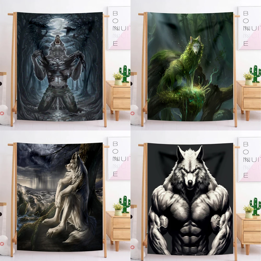 130x150cm Emo White Wolf Sitting Meme Blanket Tapestry Werewolf For Bedroom Printed Home Decoration Paintings Room Wall Hanging