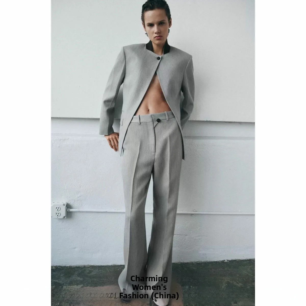 Spring Summer 2026 New Women's Long Sleeve Color Block Collar Suit Jacket Flared Pants Casual Loose Fit Button Closure