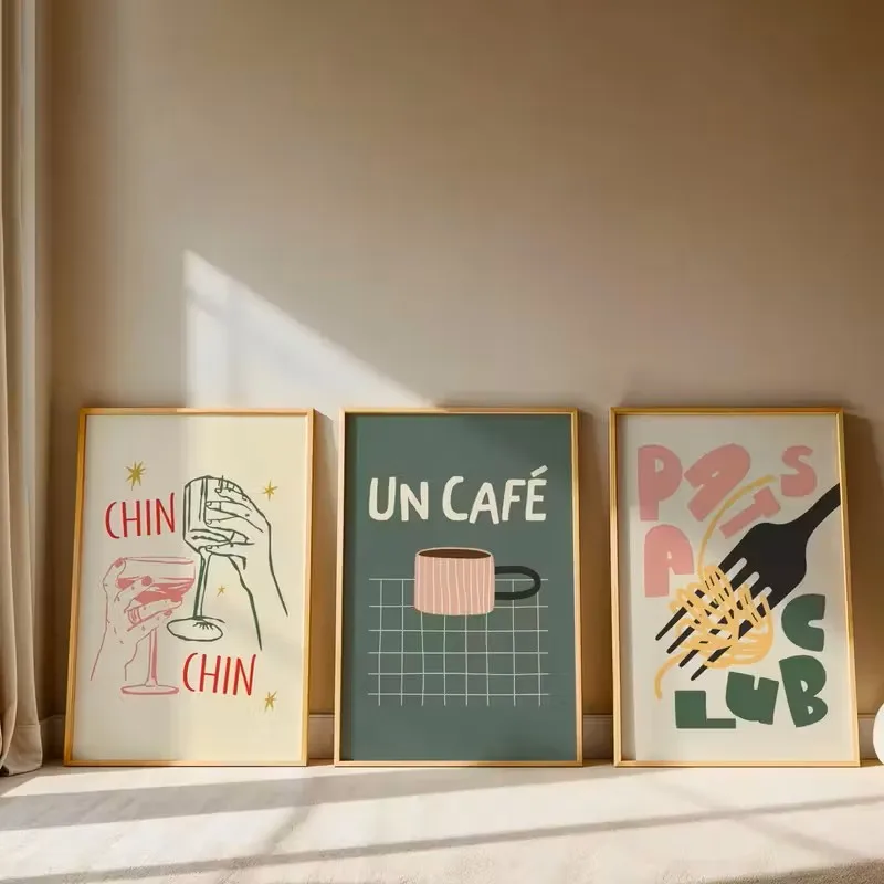 

3pcs Italian Cuisine Coffee Wall Art Poster Canvas Bright Green Pink Minimalist Design Coffee-themed Living Room Home Decoration