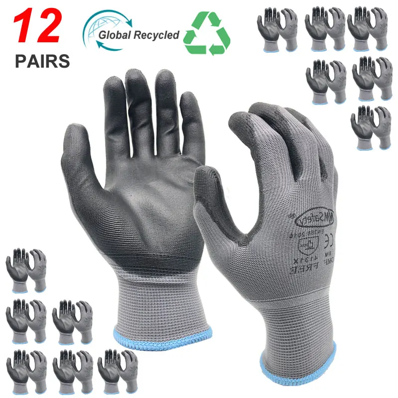 NMSafety High Quality 12 Pairs Work Gloves With PU Rubber Palm Coating Safety Protective Glove EN 388 Certificated.