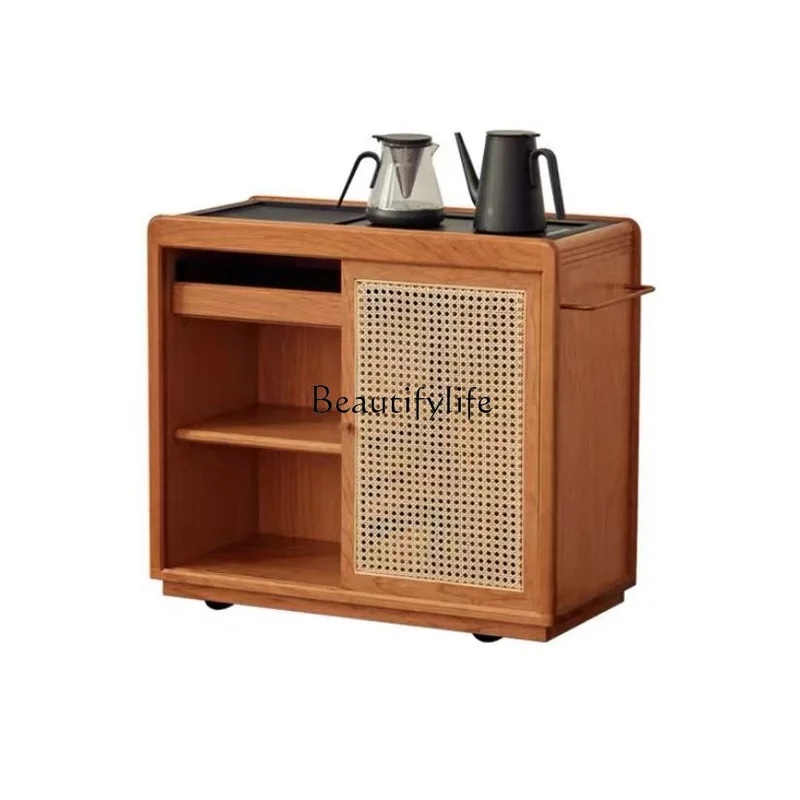 

Nordic solid wood mobile tea cabinet cherry wood tea table side cabinet