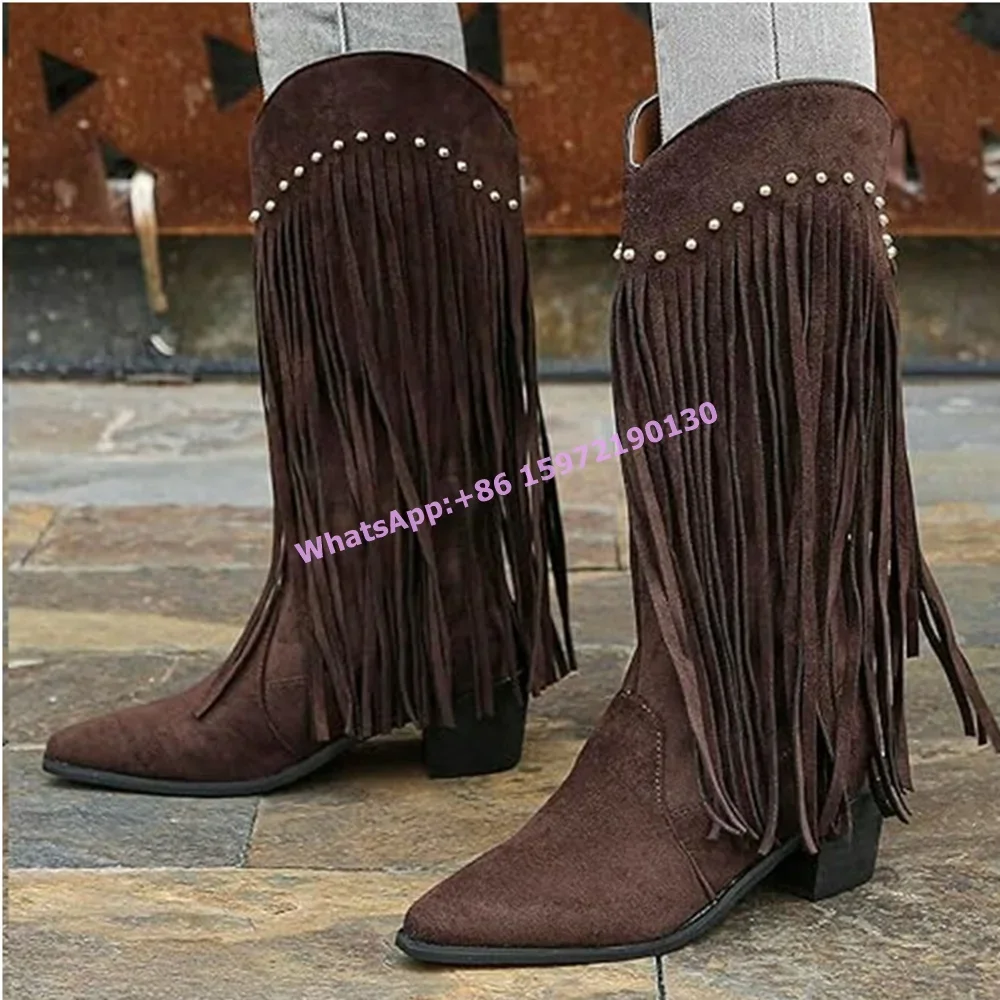 

Коричневые сапоги с заклепками и бахромой в стиле пастушки, однотонные сапоги до середины икры с острым носком на массивном каблуке без шнуровки в стиле бо, яркие современные лаконичные туфли, 2025 г.