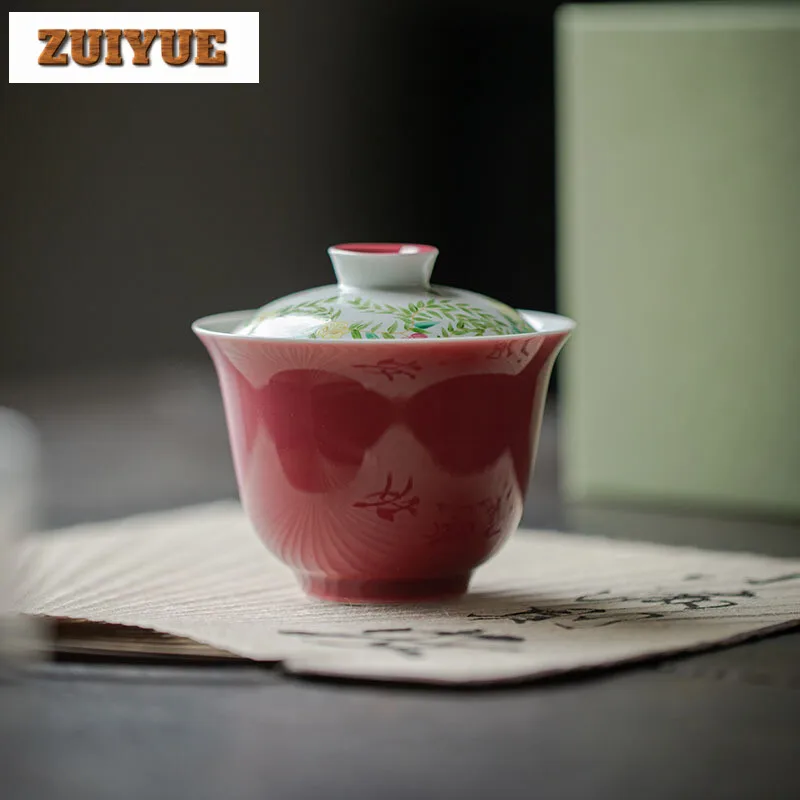 130ml Hand-painted Flower Gaiwan Pure Handmade Rouge Red Cup Saucer Tea Tureen Tea Maker Cover Bowl Aesthetic Teaware Ornaments