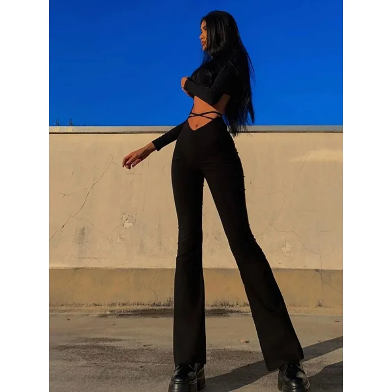 Black Flare Pants Women Streetwear High Waist Pantalones De Mujer Drawstring Roupas Femininas Slim Fit Y2k Clothes Sexy Trousers